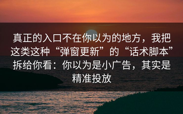 真正的入口不在你以为的地方,我把这类这种“弹窗更新”的“话术脚本”拆给你看:你以为是小广告,其实是精准投放